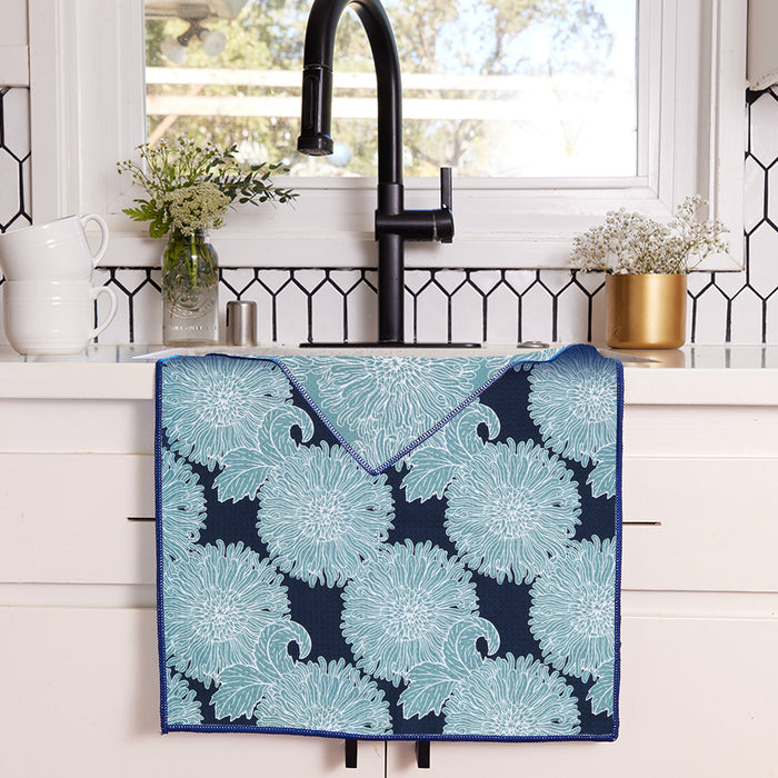 Chrysanthemum Flower blu Kitchen Tea Towel