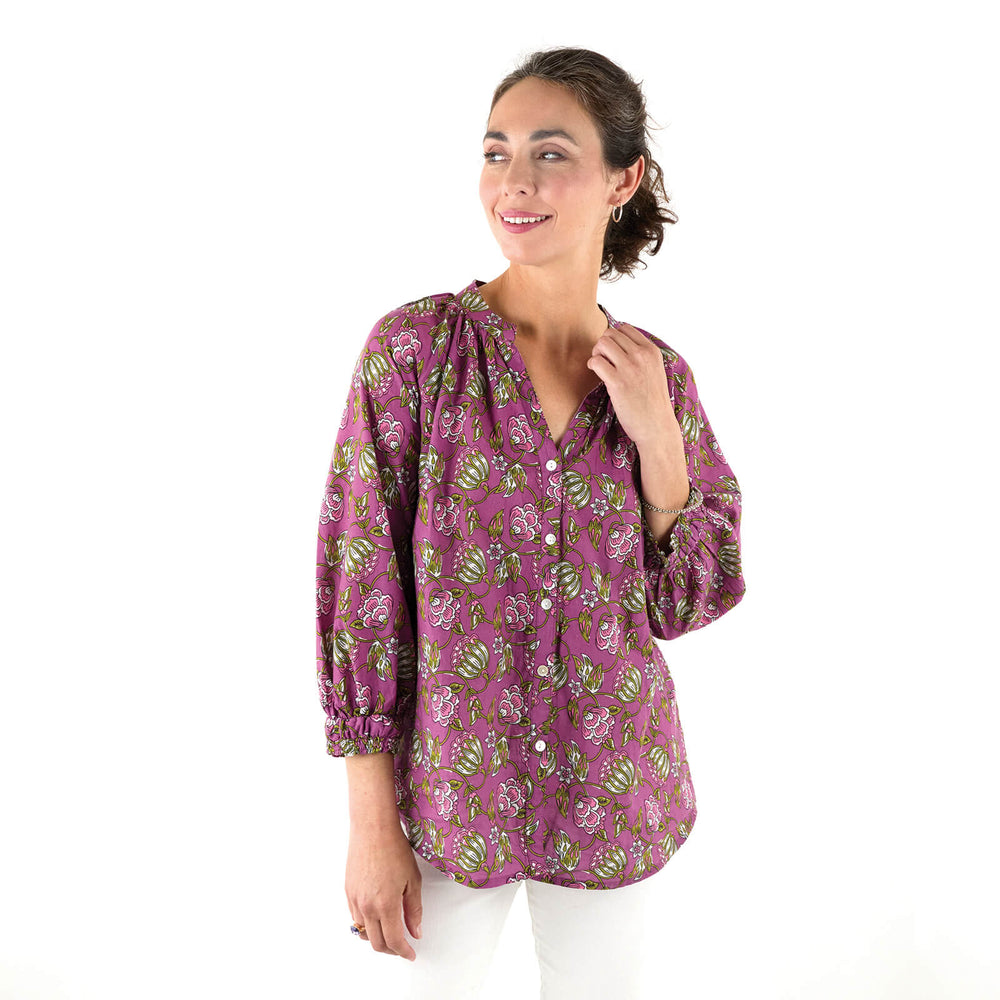 Margo Plum Gathered Sleeve Blouse