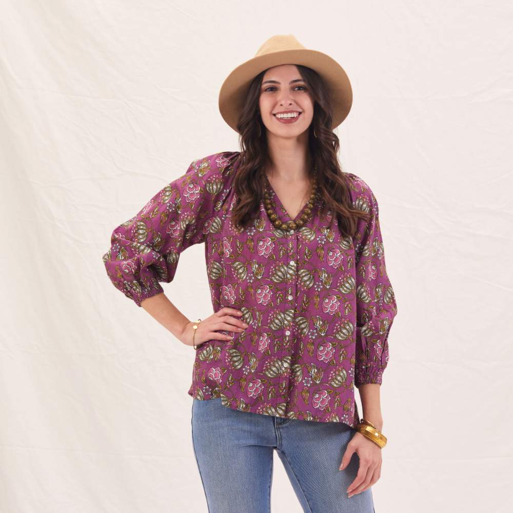 Margo Plum Gathered Sleeve Blouse