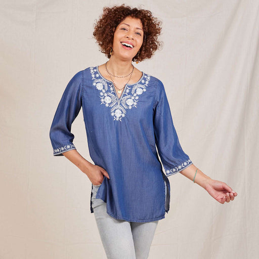 Chambray Top with Floral Embroidered Neckline