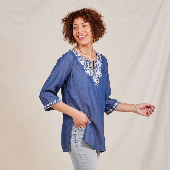Chambray Top with Floral Embroidered Neckline