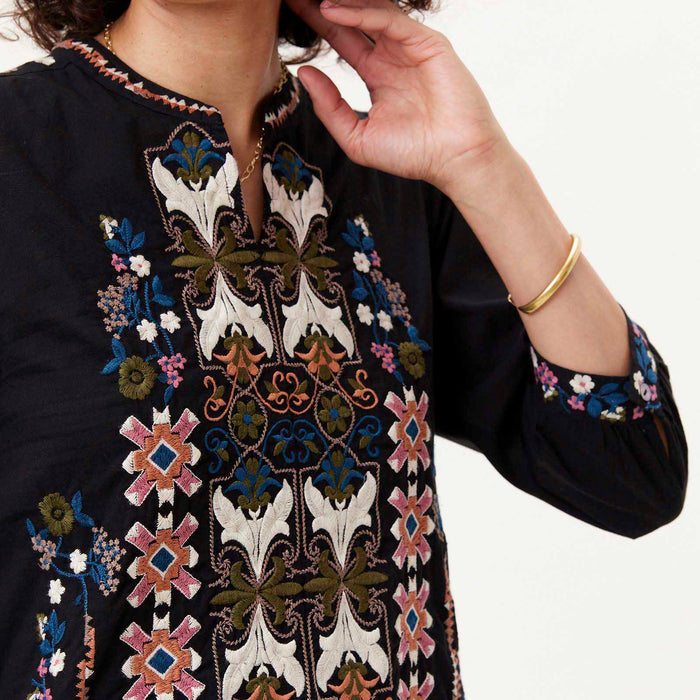 BLACK Banded Collar Embroidered Tunic