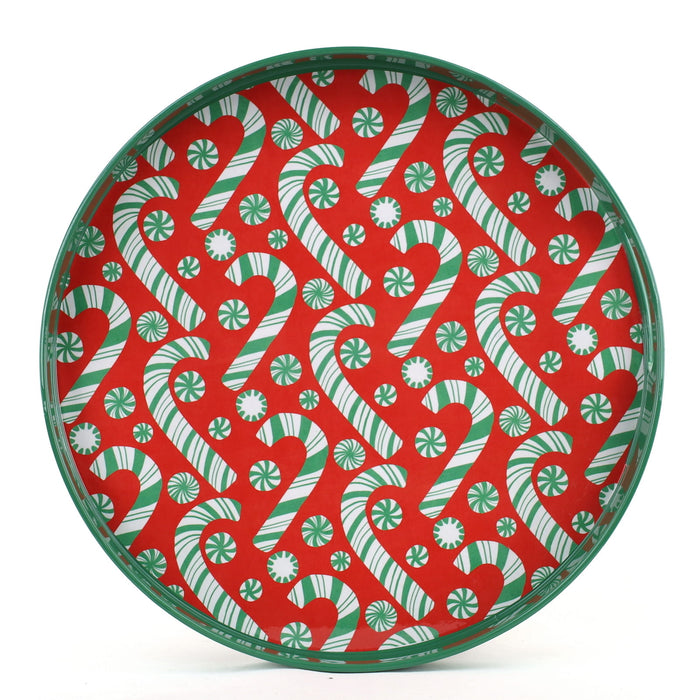 Candy Cane Joy Round Lacquer Serving Tray