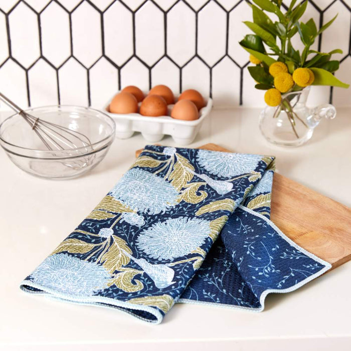 CHRYSANTHEMUM BIRD blu Kitchen Tea Towel