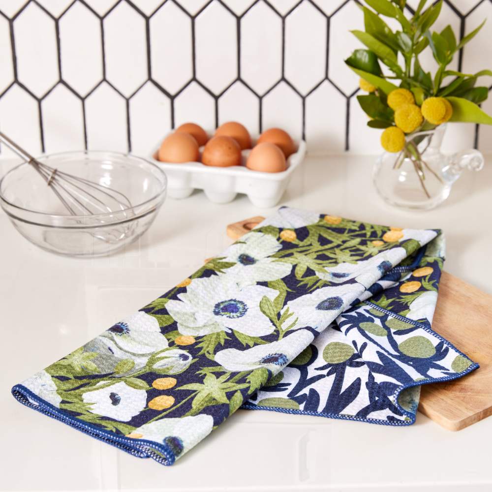 ANEMONE POPPY blu Kitchen Tea Towel