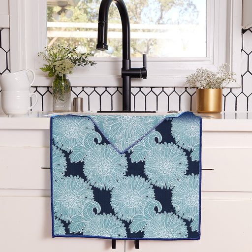 Chrysanthemum Flower blu Kitchen Tea Towel