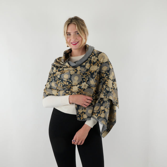 Chrysanthemum Flower Blue Reversible Wrap