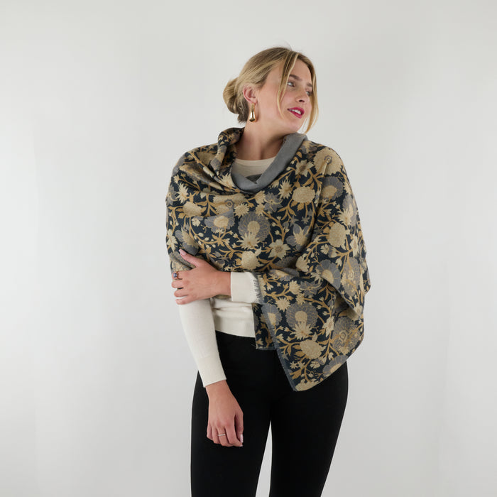 Chrysanthemum Flower Blue Reversible Wrap