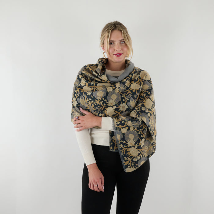 Chrysanthemum Flower Blue Reversible Wrap