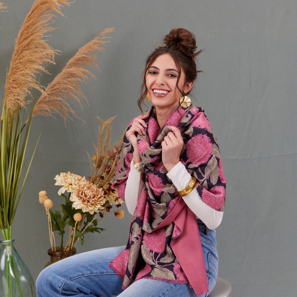 Chrysanthemum Flower Pink Reversible Wrap Scarf