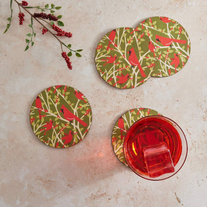 RED CARDINALS Round Coasters, Set of 4