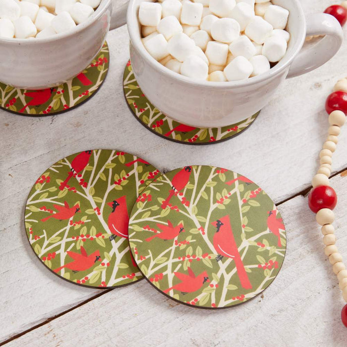 RED CARDINALS Round Coasters, Set of 4