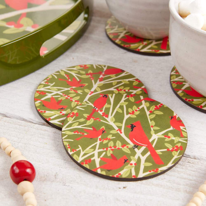 RED CARDINALS Round Coasters, Set of 4