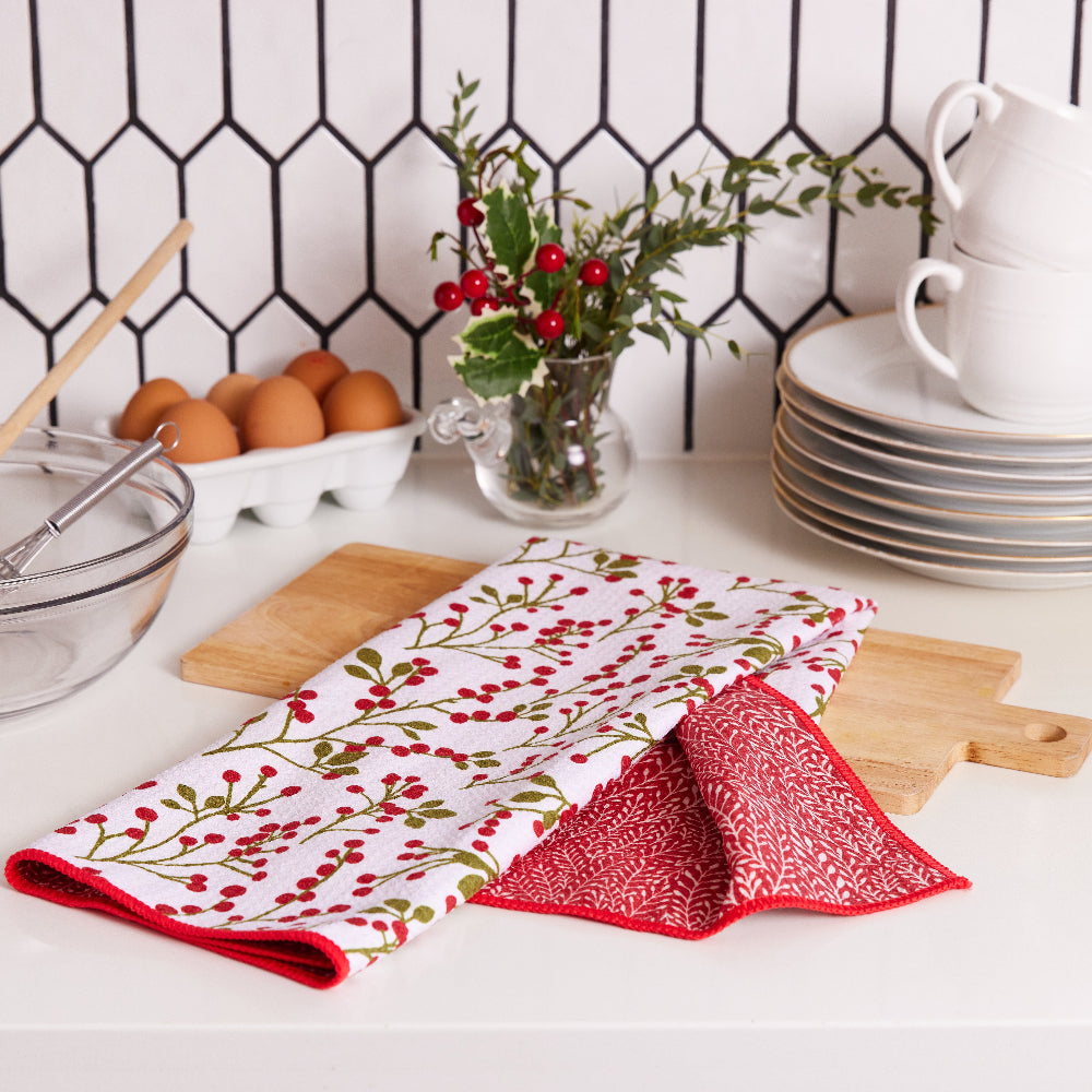 Red Berries blu Eco Kitchen Tea Towel
