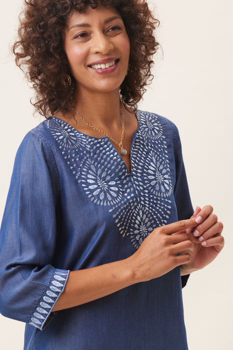 CHAMBRAY Top With Light Blue Embroidered Neckline