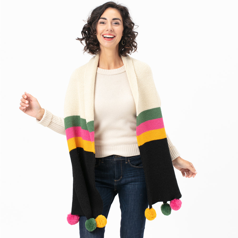 PICCADILLY STRIPE BLACK Knit Pom Pom Scarf