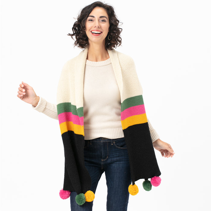 PICCADILLY STRIPE BLACK Knit Pom Pom Scarf