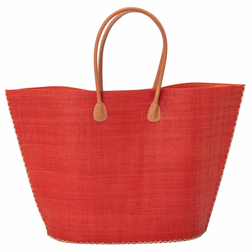 Raffia Coral Tote Leather Handle