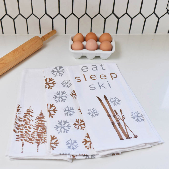 Eat Sleep Ski Cotton Kitchen Towels, Set of 3