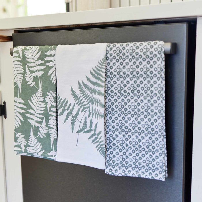 Ferns Green Cotton Kitchen Towels, Set of 3