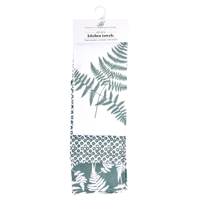 Ferns Green Cotton Kitchen Towels, Set of 3