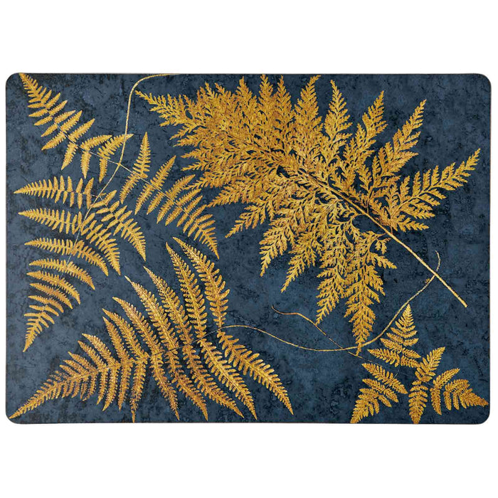 NAVY GILDED FERNS Cork-Backed Placemats, Set/4