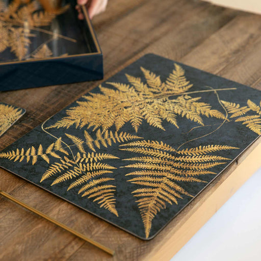 NAVY GILDED FERNS Cork-Backed Placemats, Set/4