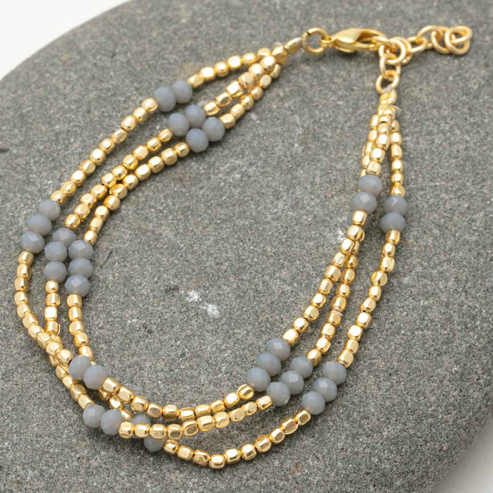 Three Line Grey Chalcedony and Gold Beaded Bracelet, 18KGP