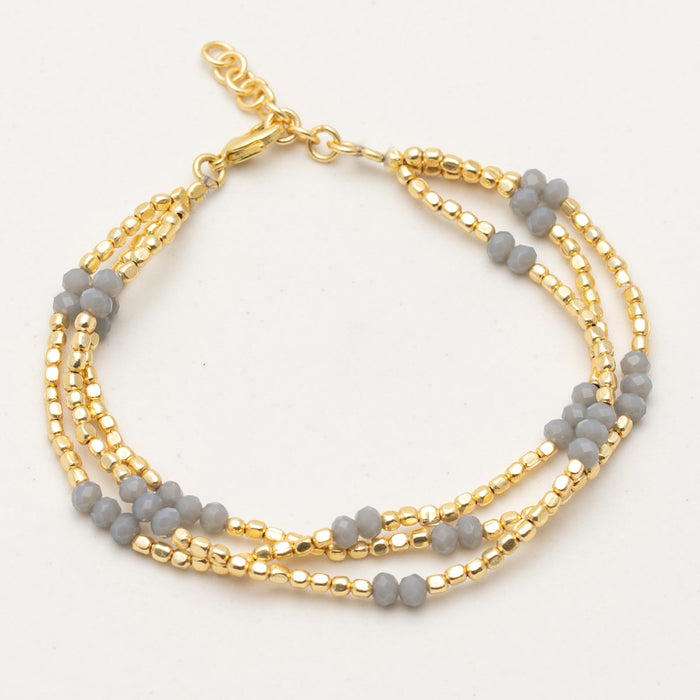 Three Line Grey Chalcedony and Gold Beaded Bracelet, 18KGP
