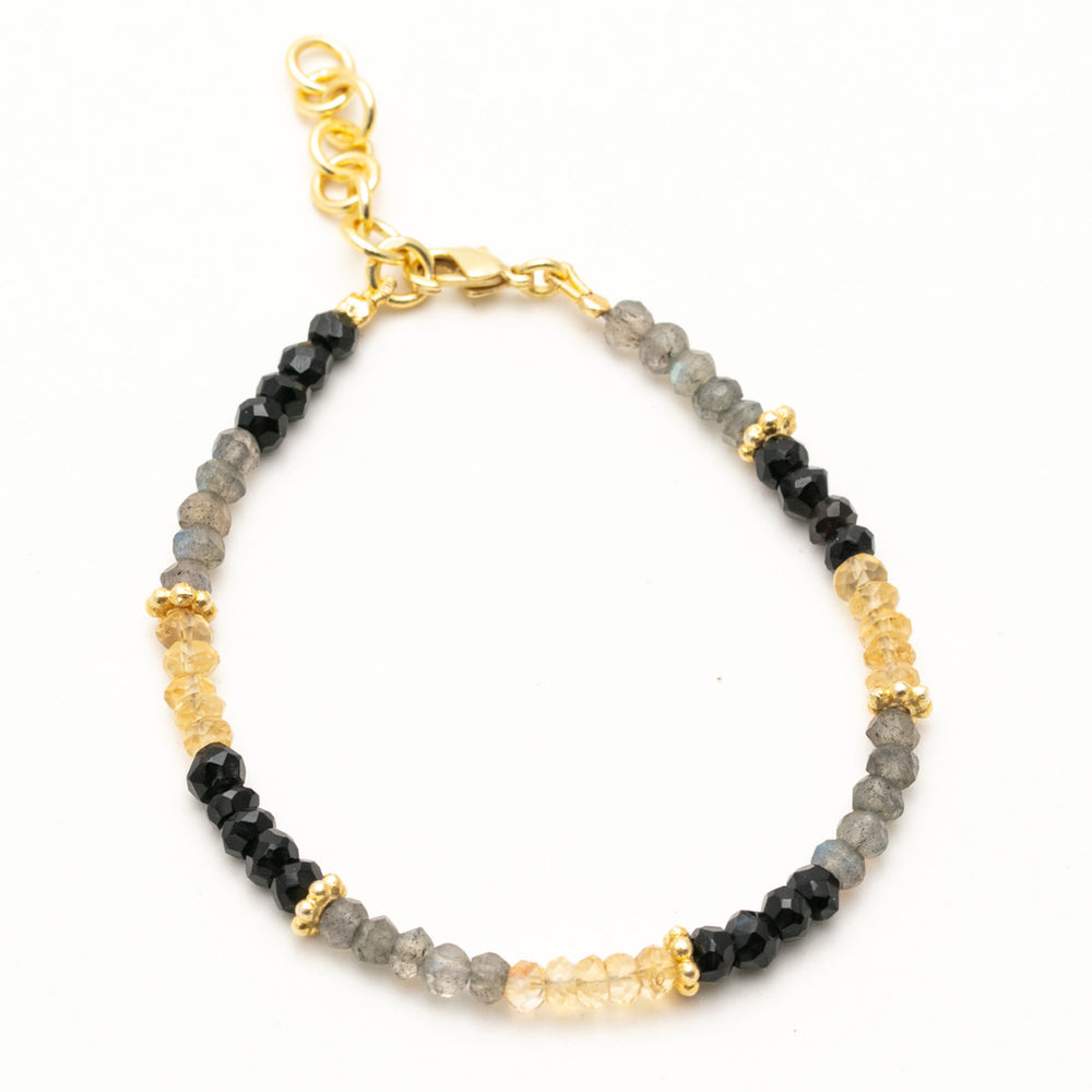Tri Color Labradorite Black Onyx And Citrine Beaded Bracelet With 18K Gold Plated Extender Chain