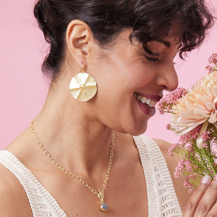Round Disc Textured Drop Earrings, 18KGP