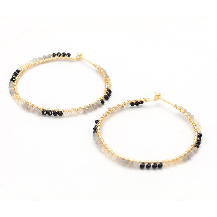 Hoop Earrings with Labradorite Onyx and Citrine Beads, 18KGP