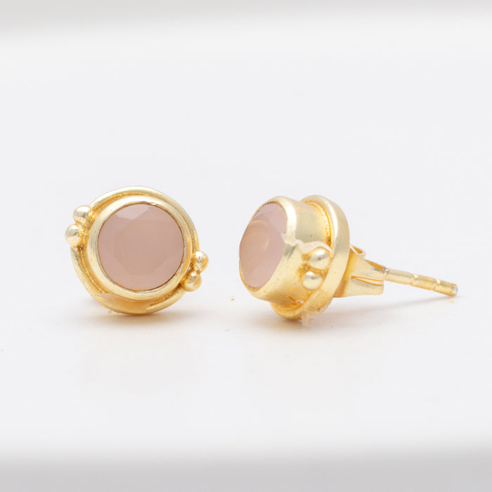 Small Rose Quartz Circle Stud Earrings, 18KGP