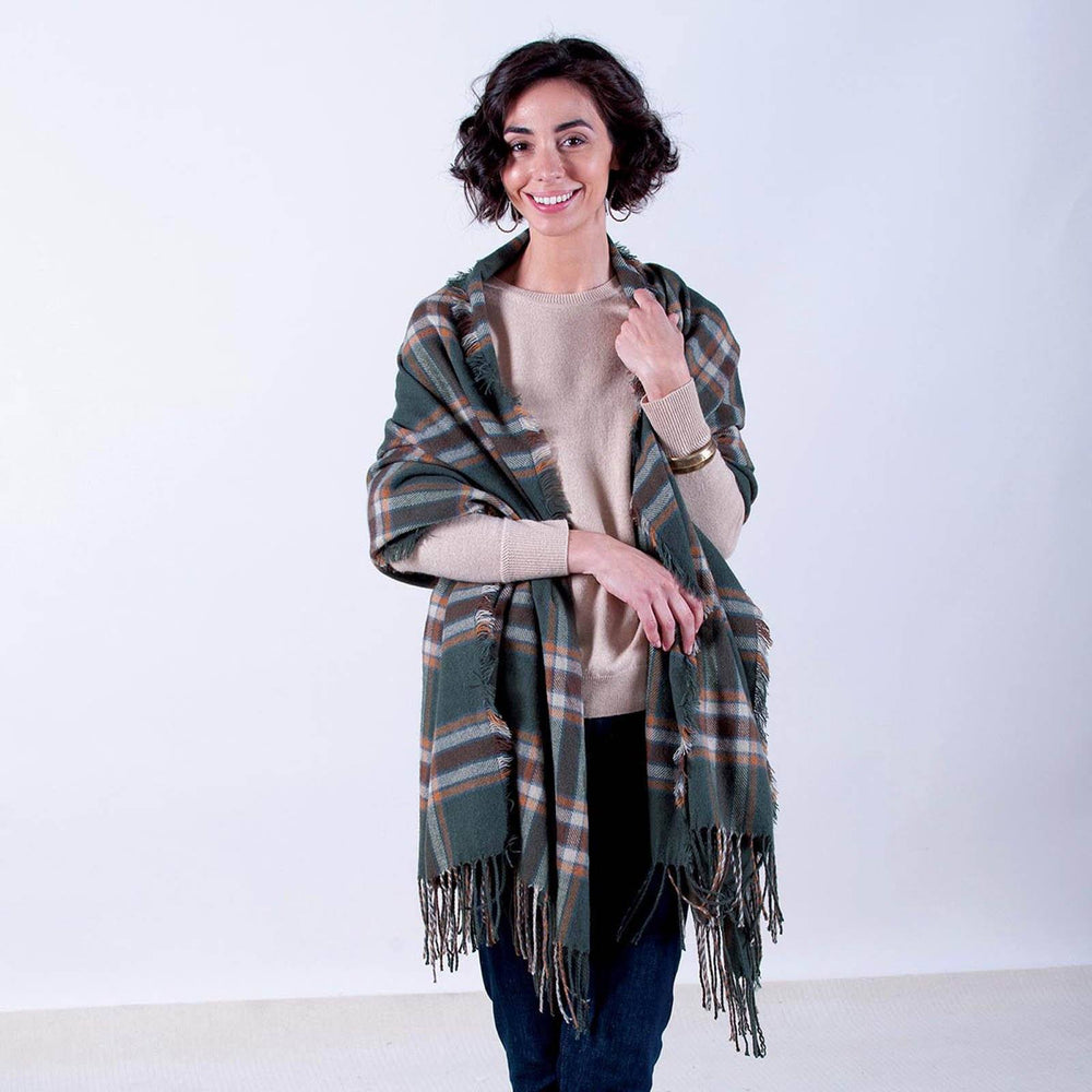 Loden/Brown Plaid Wrap SCARVES-ACRYLIC rfp-scarves